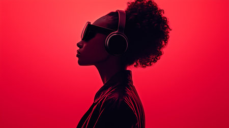 A young woman wearing headphones and sunglasses poses against a vibrant red background in an expressive artistic compositionの素材
