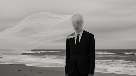 Mysterious figure in a suit stands on a beach with windswept veil at sunset, creating an eerie yet captivating atmosphereの素材