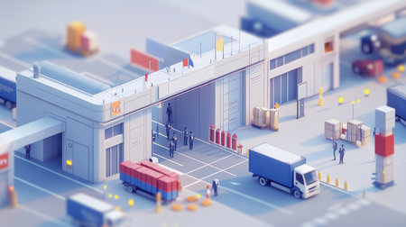 3D rendering of a busy logistics warehouse with trucks and workers during daylight hoursの素材