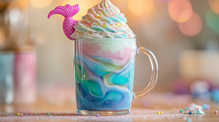 Colorful mermaid-themed beverage with swirls, whipped topping, and whimsical garnish on a sparkling tableの素材