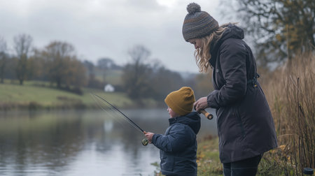 A mother and child enjoy a peaceful fishing moment by the calm river on a chilly autumn afternoonの素材