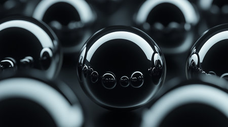 Shiny black spheres arranged in a pattern with reflections capturing light in a dimly lit environmentの素材