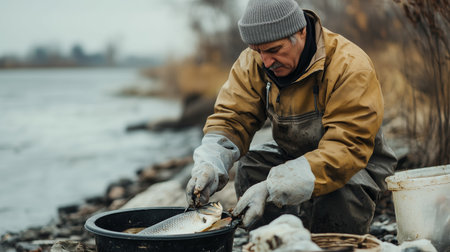 A fisherman prepares his catch by the riverbank on a chilly day, showcasing skill and patience in his craft outdoorsの素材