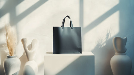 A minimalistic black tote bag displayed on a pedestal in a sunlit room with stylish decorの素材