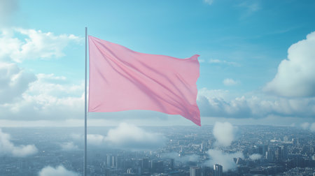 A pink flag waves against a blue sky, overlooking a sprawling cityscape with clouds during daytimeの素材