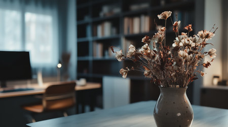 A cozy home office featuring a dried flower vase, soft lighting, and a modern workspace setup in the early evening hoursの素材