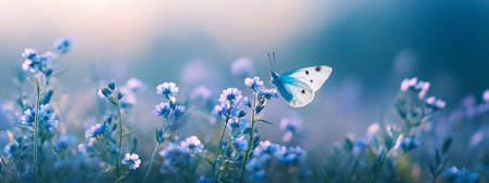 A delicate blue butterfly perched on vibrant flowers in a tranquil meadow during a sunny afternoonの素材