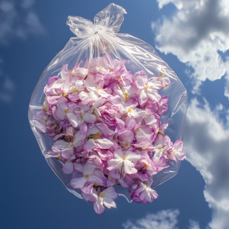 A bag of delicate pink blossoms hangs against a blue sky speckled with fluffy cloudsの素材
