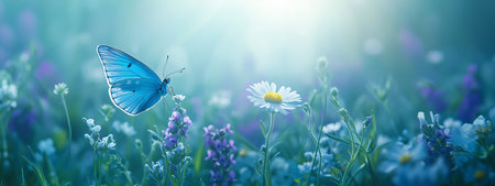 A blue butterfly rests gently on vibrant wildflowers in a sunlit meadow during springtimeの素材