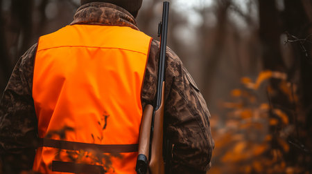 Hunter in bright orange vest walking through autumn woods with shotgun at sunsetの素材