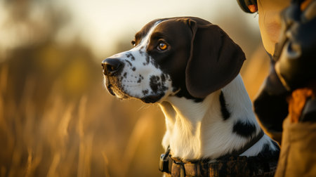 A trained dog stands attentively beside its handler in a sunlit field during early evening, showcasing loyalty and focus in the momentの素材