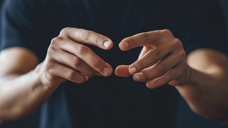 Person demonstrating communication through subtle hand gestures in an indoor settingの素材