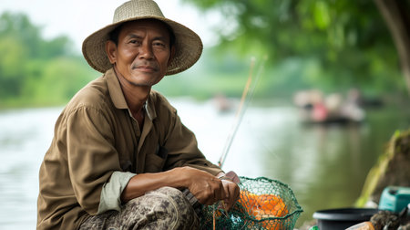 A fisherman on the riverbank in a rural area spends his day skillfully preparing his catch in the afternoon lightの素材