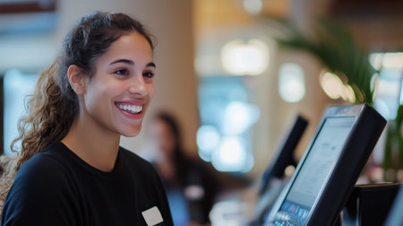 Young woman smiling while working at a reception desk in a modern hospitality setting during daytimeの素材