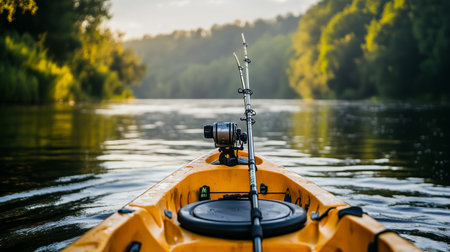 Kayaker fishing on a serene river during golden hour with lush green foliage on the banksの素材
