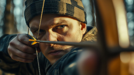 Hunter aiming a bow under the trees in a forest during early morning light, showcasing focus and concentration in natureの素材