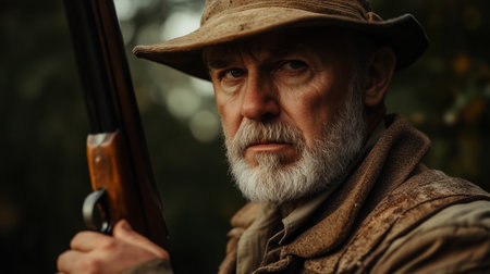 A serious man in a weathered hat holds a hunting rifle in a forest during overcast conditions, ready for an outdoor adventure in the wildernessの素材