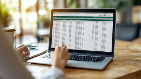 Person working on a laptop with a spreadsheet on the screen in a bright office setting during the daytimeの素材