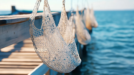 Fishing nets hang from a wooden pier overlooking calm blue waters on a sunny day in a coastal areaの素材