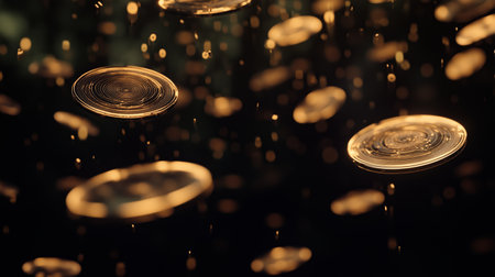 Floating golden coins glimmer against a dark backdrop, creating a mystical atmosphere of abundance and wealth during an evening eventの素材