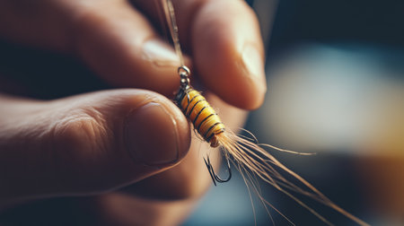 A close-up of a hand carefully holding a fishing lure with bright yellow markings and feathers, showcasing the art of fly tying indoorsの素材