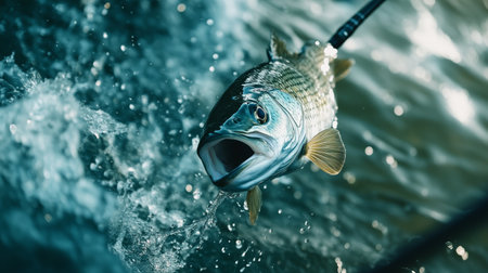 A silver fish leaps from the water, showcasing its vibrant colors and energy during a summer fishing adventureの素材