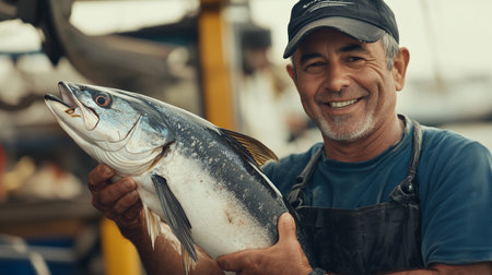 A proud fisherman displays his fresh catch of the day at a coastal market in the late afternoon sunshine, showcasing his skills and joy in the tradeの素材
