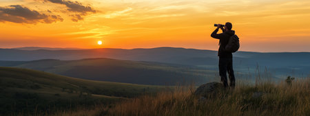 A hiker observes the sunset while standing on a rocky outcrop in a serene landscape with rolling hills during golden hourの素材