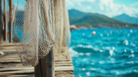 Fishing net hanging on a wooden dock overlooking the turquoise water and mountains in bright daylightの素材