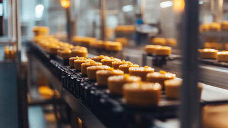Baking goods on a conveyor belt in a food processing facility during daytimeの素材