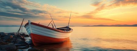 Fishing boat rests on rocky shore at sunset with vibrant colors reflecting on calm watersの素材