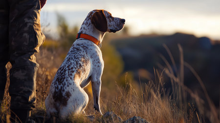 A loyal hunting dog sits alert beside its owner on a sunset-lit hillside in the countryside after a day outdoorsの素材