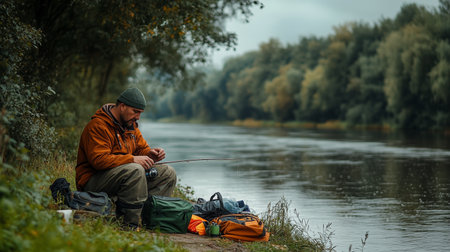 A man in a warm jacket fishing quietly by a serene river surrounded by lush greenery on a cloudy afternoonの素材