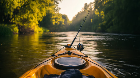 Kayaking in the tranquil river at sunset with fishing gear ready for a relaxing evening experience in natureの素材