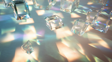 Colorful reflections from clear glass crystals scattered on a surface with soft light illuminating the sceneの素材