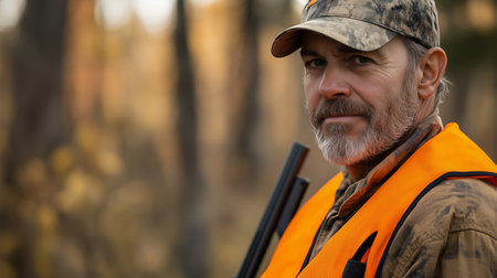 A hunter in a camouflaged jacket and orange vest pauses in a forest during early morning hours, preparing for the dayâs huntの素材