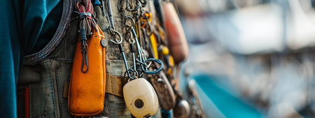 Fishermans gear featuring various fishing tools and accessories at a busy harbor in the early morning lightの素材