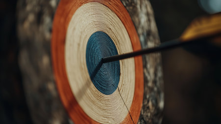 An arrow striking the center of a colorful archery target in a serene outdoor environment during daylightの素材