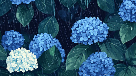 Blue and white hydrangeas drenched in rain during a calm afternoon in a lush gardenの素材