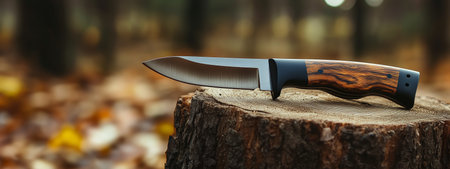 A close-up view of a sharp, handcrafted knife on a wooden stump surrounded by fallen leaves in a serene forest settingの素材