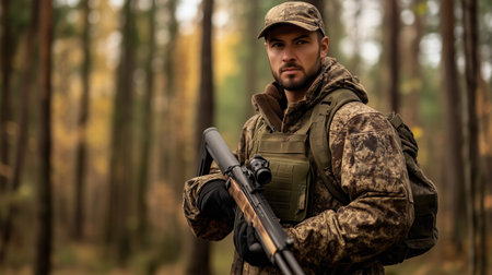 A man stands confidently in a dense forest, dressed in camouflage, holding a rifle during autumnの素材