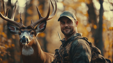 Hunter poses beside a majestic buck during a vibrant autumn afternoon in the forestの素材