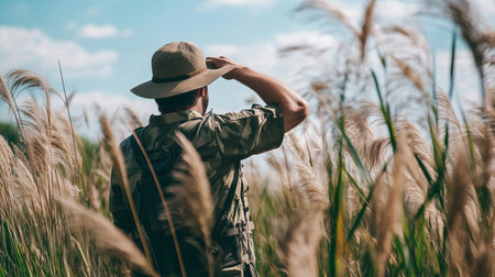 A man observing nature while standing amidst tall grass in a vibrant outdoor landscape during daylightの素材