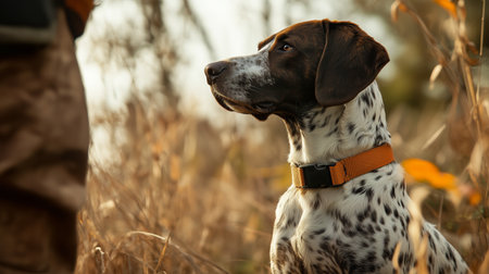 A loyal hunting dog observing its owner during an autumn outing in a field filled with tall grasses and colorful leavesの素材