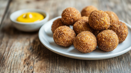 Crispy golden snack balls served with tangy mustard sauce on a rustic wooden tableの素材