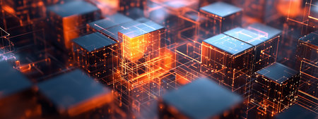 Abstract 3D grid of glowing cubes in dark space with vibrant orange and blue illumination showcasing futuristic technology conceptsの素材