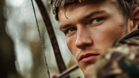 Young archer focused on his target while hunting in the woods during autumn, showcasing determination and skill in his craftの素材