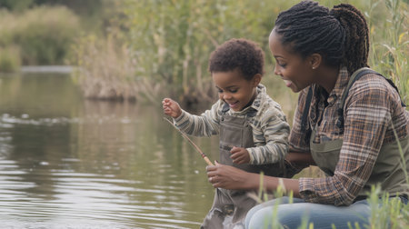 A mother and son enjoy a joyful day fishing by the peaceful pond in early afternoon light, surrounded by lush greeneryの素材