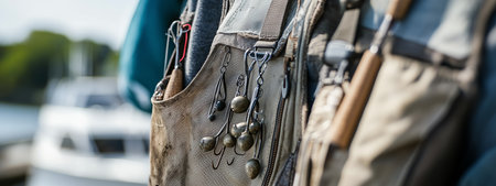 Close-up of fishing gear hanging on a vest by the waterfront on a sunny day, preparing for a day of angling adventureの素材