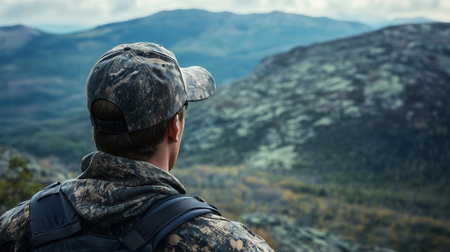 A hunter observing the vast wilderness landscape of a mountainous region during a cloudy day in autumnの素材